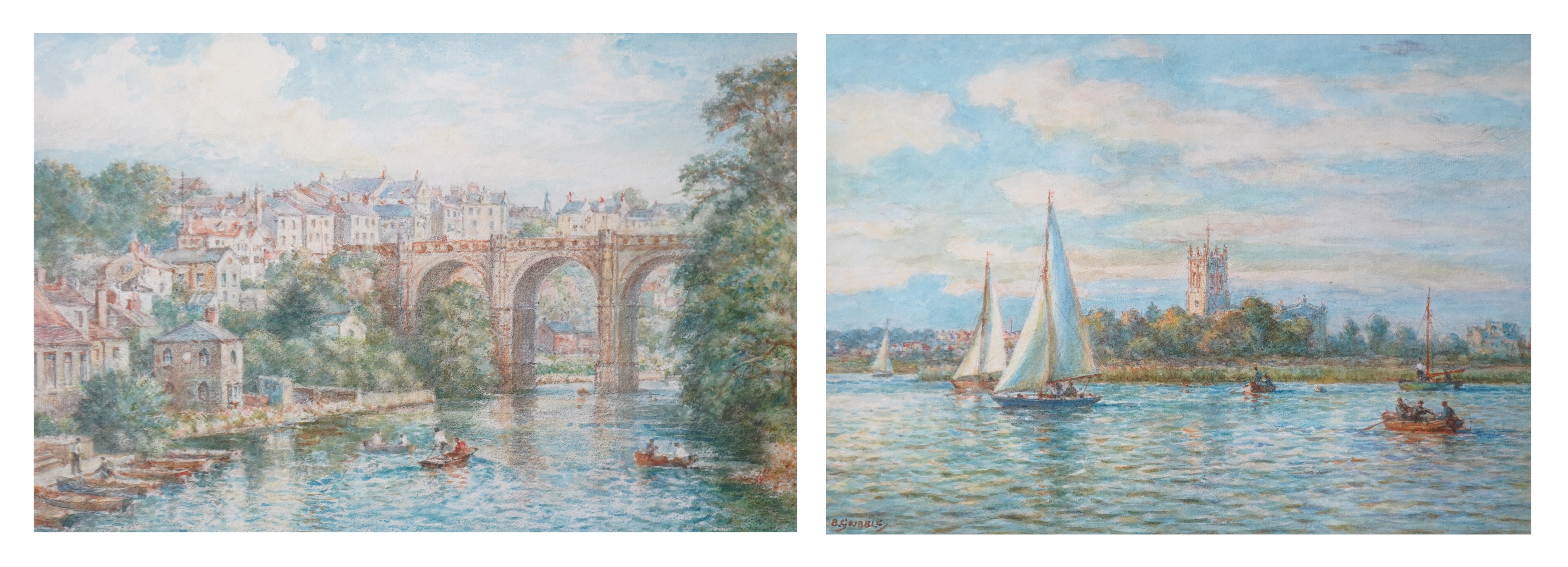 Bernard Finegan Gribble, 1872-1962, 'Christchurch Priory, Hants' and 'Knaresborough Bridge, Yorkshire'